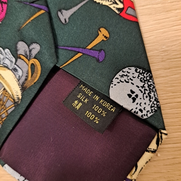SINSABANG 100% Pure Silk Green Multicolor Golf Print Korean Stand Width Tie - Picture 4 of 5